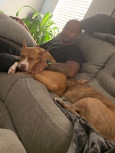 man and dog on couch