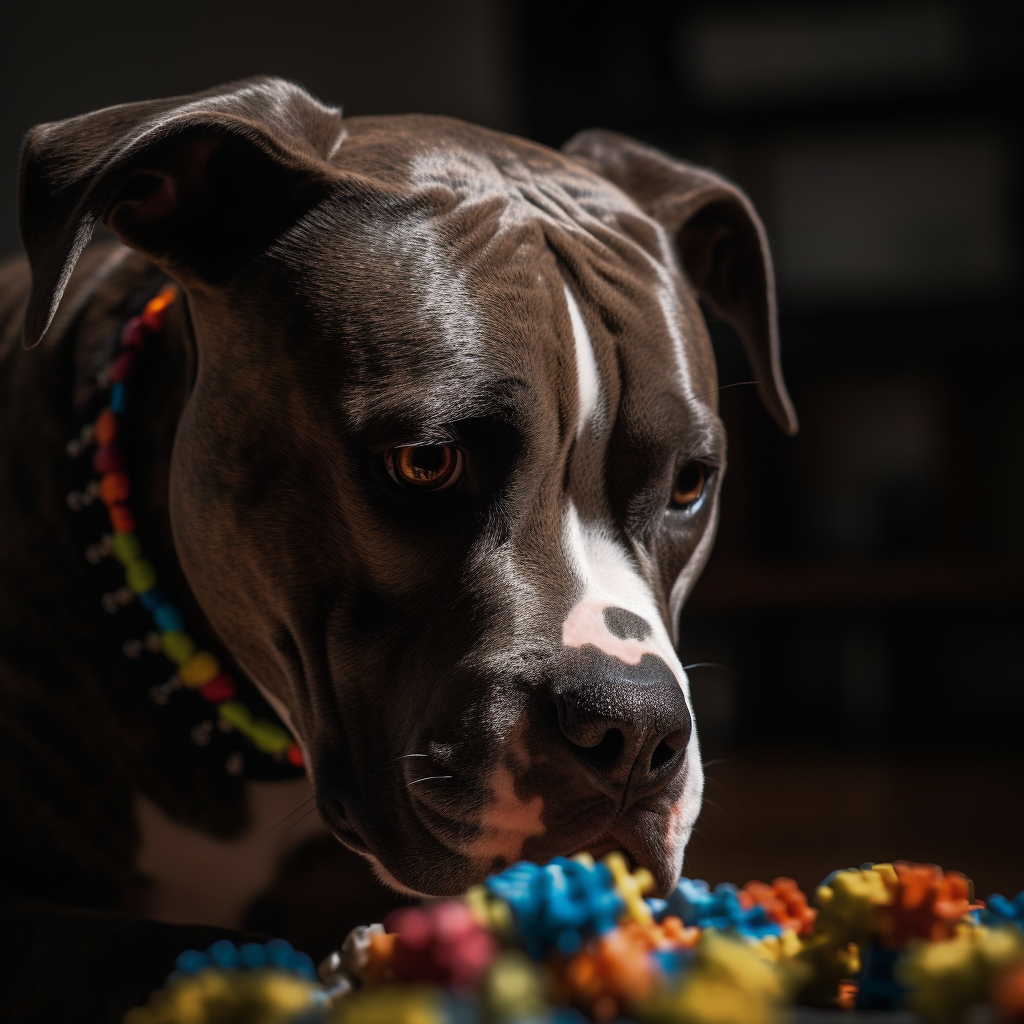 Pit Bull doing puzzle.